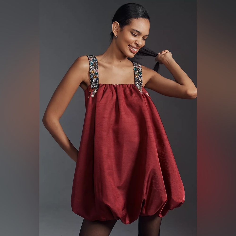 Sunday in Brooklyn Embellished-Strap Bubble Mini Dress in Wine Color size Medium
